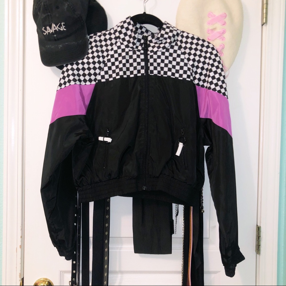 Checkered Black White Purple Windbreaker Jacket
